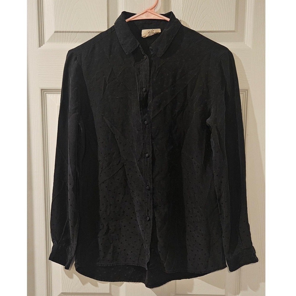 Sezane 100% Silk Swiss Dot Blouse FR34 US2 Black Button Front Paris Top